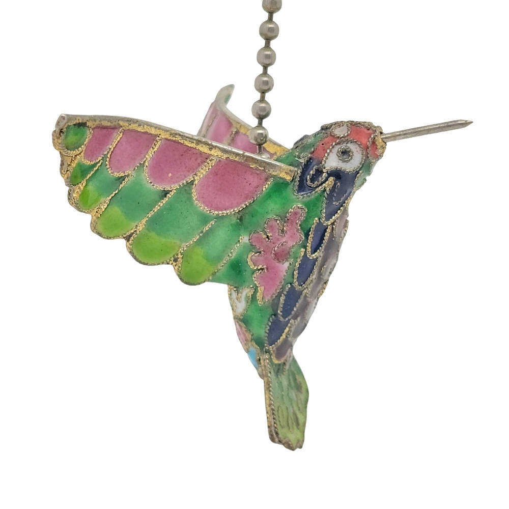 Vintage Cloisonne Hummingbird Enamel Brass Fan Pull Figurine